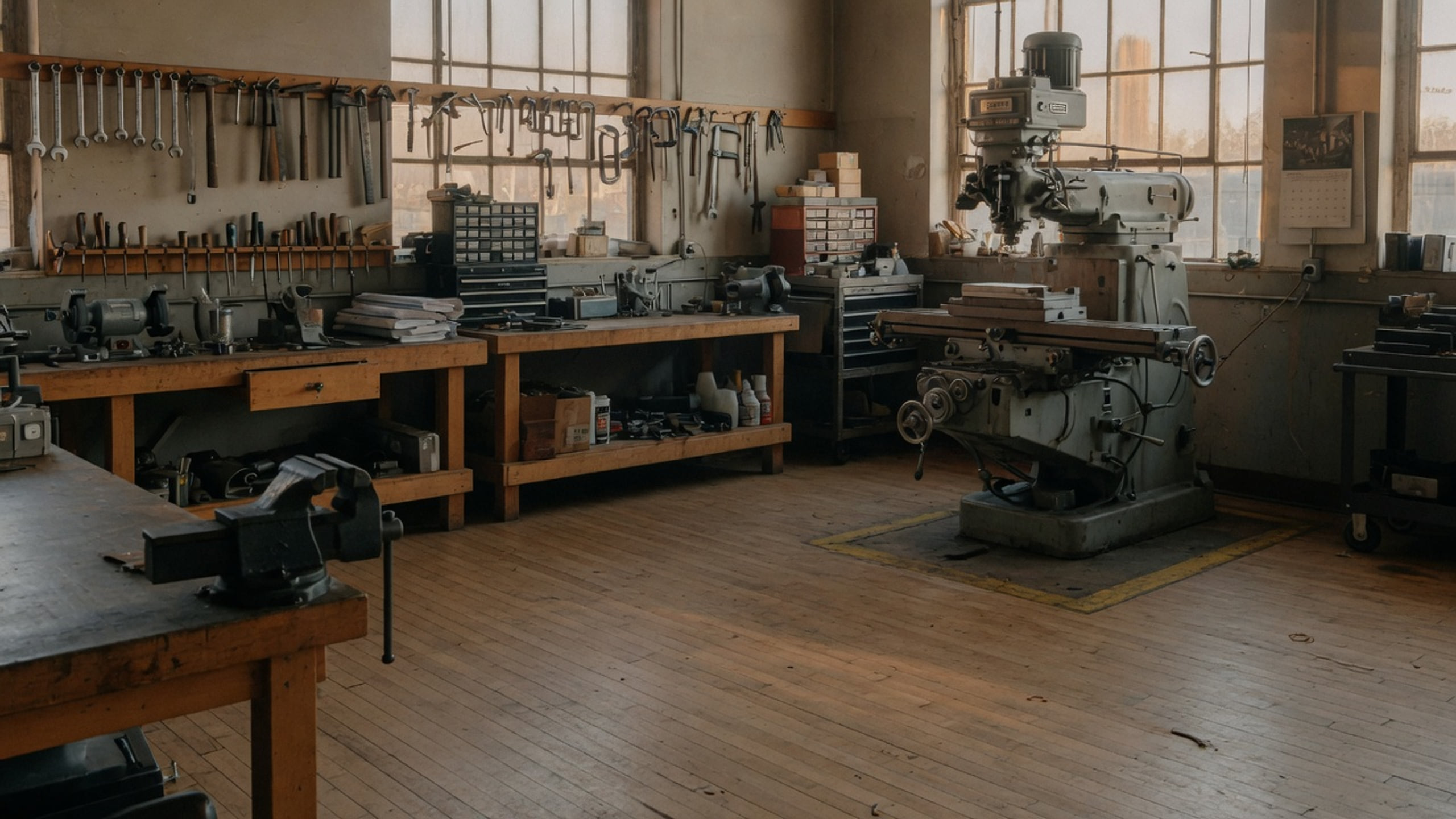 An Ohio machine shop at rest: wooden benches, hanging tools, and a milling machine in late light.